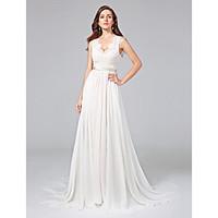 A-line Wedding Dress - Chic Modern Wedding Dress in Color See-Through Court Train V-neck Chiffon Lace with Button Lace Sash / Ribbon