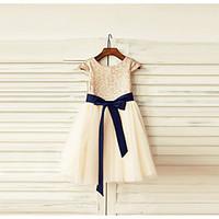 a line knee length flower girl dress tulle sequined short sleeve scoop ...