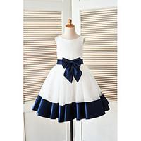 A-line Knee-length Flower Girl Dress - Satin Tulle Scoop with Bow(s) Sash / Ribbon