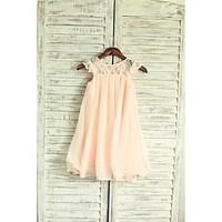 A-line Tea-length Flower Girl Dress - Chiffon Lace Jewel with Lace Pleats