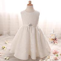 A-line Knee-length Flower Girl Dress - Lace Sleeveless Jewel with Bow(s) / Crystal Detailing