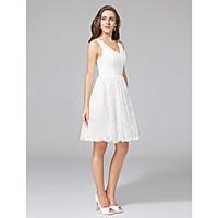 A-line Wedding Dress Little White Dress Knee-length V-neck Lace with Criss-Cross