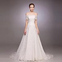 A-line Wedding Dress Vintage Inspired Court Train Off-the-shoulder Lace with Lace