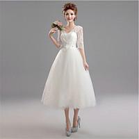 A-line Wedding Dress See-Through Tea-length V-neck Lace Tulle with Appliques Sash / Ribbon