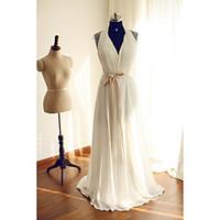 A-line Wedding Dress See-Through Sweep / Brush Train Halter Chiffon Lace with Beading Lace Sash / Ribbon