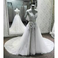 A-line Wedding Dress See-Through Chapel Train V-neck Lace Tulle with Appliques Beading