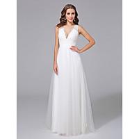 A-line Wedding Dress - Glamorous Dramatic See-Through Sweep / Brush Train V-neck Lace Tulle with Button Lace