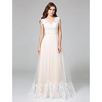 A-line Wedding Dress Lacy Look Court Train V-neck Lace Tulle with Appliques