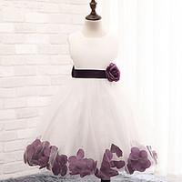 A-line Tea-length Flower Girl Dress - Cotton / Lace / Tulle / Polyester Sleeveless Jewel with