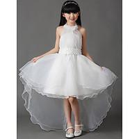 A-line Asymmetrical Flower Girl Dress - Cotton / Organza Sleeveless Halter with