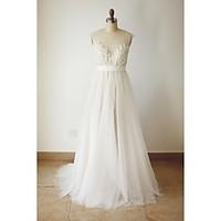 A-line Wedding Dress - Chic Modern Wedding Dress in Color Sweep / Brush Train Scoop Tulle with Beading Button Sash / Ribbon Appliques