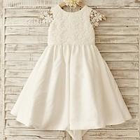 A-line Knee-length Flower Girl Dress - Cotton / Lace Short Sleeve Scoop with