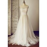 A-line Wedding Dress - Chic Modern Wedding Dress in Color Sweep / Brush Train Square Lace Tulle with Ruche