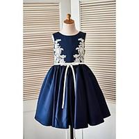 A-line Knee-length Flower Girl Dress - Satin Scoop with Appliques Buttons Sash / Ribbon