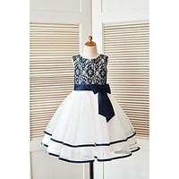 A-line Knee-length Flower Girl Dress - Lace Tulle Scoop with Bow(s) Lace Sash / Ribbon
