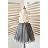 A-line Knee-length Flower Girl Dress - Satin Tulle Scoop with Flower(s) Pearl Detailing