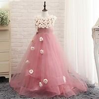 A-line Floor-length Flower Girl Dress - Tulle Sleeveless Jewel with Flower(s)