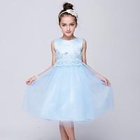 A-line Tea-length Flower Girl Dress - Lace / Satin / Tulle Sleeveless Jewel with