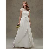 A-line Wedding Dress See-Through Floor-length Jewel Chiffon Lace with Button Lace