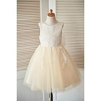 A-line Knee-length Flower Girl Dress - Lace Tulle Scoop with Bow(s) Buttons Lace