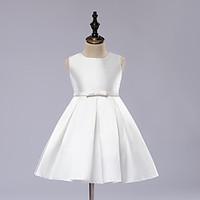 A-line Knee-length Flower Girl Dress - Satin Sleeveless Jewel with Draping / Sash / Ribbon