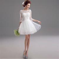 A-line Wedding Dress See-Through Short / Mini Bateau Lace with Beading