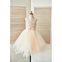 A-line Knee-length Flower Girl Dress - Lace Tulle Scoop with Sash / Ribbon