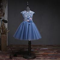 A-line Knee-length Flower Girl Dress - Lace Organza Jewel with Flower(s) Lace