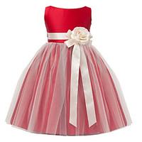 A-line Tea-length Flower Girl Dress - Satin Tulle Jewel with Flower(s) Sash / Ribbon