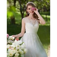 a line wedding dress see through sweep brush train scoop lace tulle wi ...