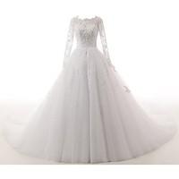 A-line Wedding Dress See-Through Cathedral Train Jewel Lace Tulle with Appliques Button Lace Pearl