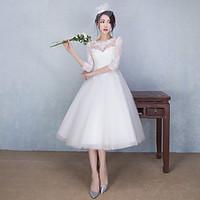 A-line Wedding Dress See-Through Tea-length Jewel Lace Tulle with Appliques Beading