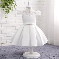 A-line Knee-length Flower Girl Dress - Lace Satin Chiffon High Neck with Bow(s) Lace Pleats