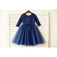 A-line Knee-length Flower Girl Dress - Lace / Tulle 3/4 Length Sleeve Scoop with