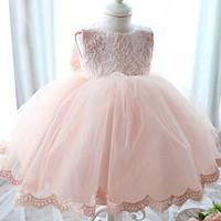 A-line Floor-length Flower Girl Dress - Chiffon Lace Scoop with Bow(s)