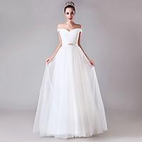 A-line Wedding Dress - Chic Modern Simply Sublime Floor-length Off-the-shoulder Tulle with Criss-Cross Sash / Ribbon