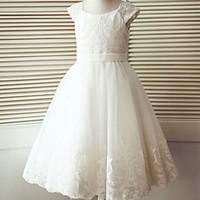 A-line Tea-length Flower Girl Dress - Lace / Tulle Short Sleeve Scoop with Buttons