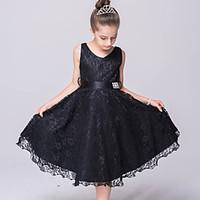 A-line Knee-length Flower Girl Dress - Lace Tulle V-neck with Sash / Ribbon