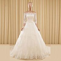 a line wedding dress floral lace chapel train off the shoulder lace tu ...