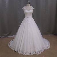 a line wedding dress floral lace sweep brush train sweetheart tulle wi ...