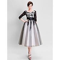 A-line Mother of the Bride Dress - Color Block Tea-length 3/4 Length Sleeve Tulle with Appliques Sash / Ribbon