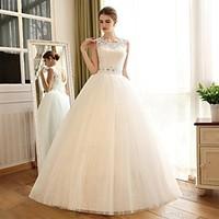 A-line Wedding Dress Sparkle Shine Floor-length Jewel Lace Satin Tulle with Appliques Lace