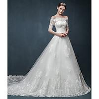 A-line Wedding Dress Floral Lace Cathedral Train Off-the-shoulder Tulle with Appliques Ruffle