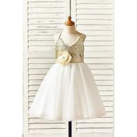 A-line Knee-length Flower Girl Dress - Tulle / Sequined Sleeveless Halter with