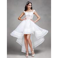 A-line Wedding Dress - Chic Modern See-Through Asymmetrical Off-the-shoulder Organza with Lace Beading