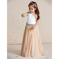 a line floor length flower girl dress chiffon satin one shoulder with  ...