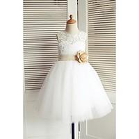 A-line Knee-length Flower Girl Dress - Lace / Tulle Sleeveless Scoop with