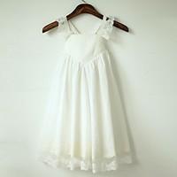 A-line Tea-length Flower Girl Dress - Cotton / Lace Sleeveless Straps with