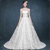 A-line Wedding Dress Floral Lace Court Train Sweetheart Satin with Beading