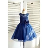 A-line Knee-length Flower Girl Dress - Lace Satin Tulle Jewel with Bow(s) Flower(s) Sash / Ribbon